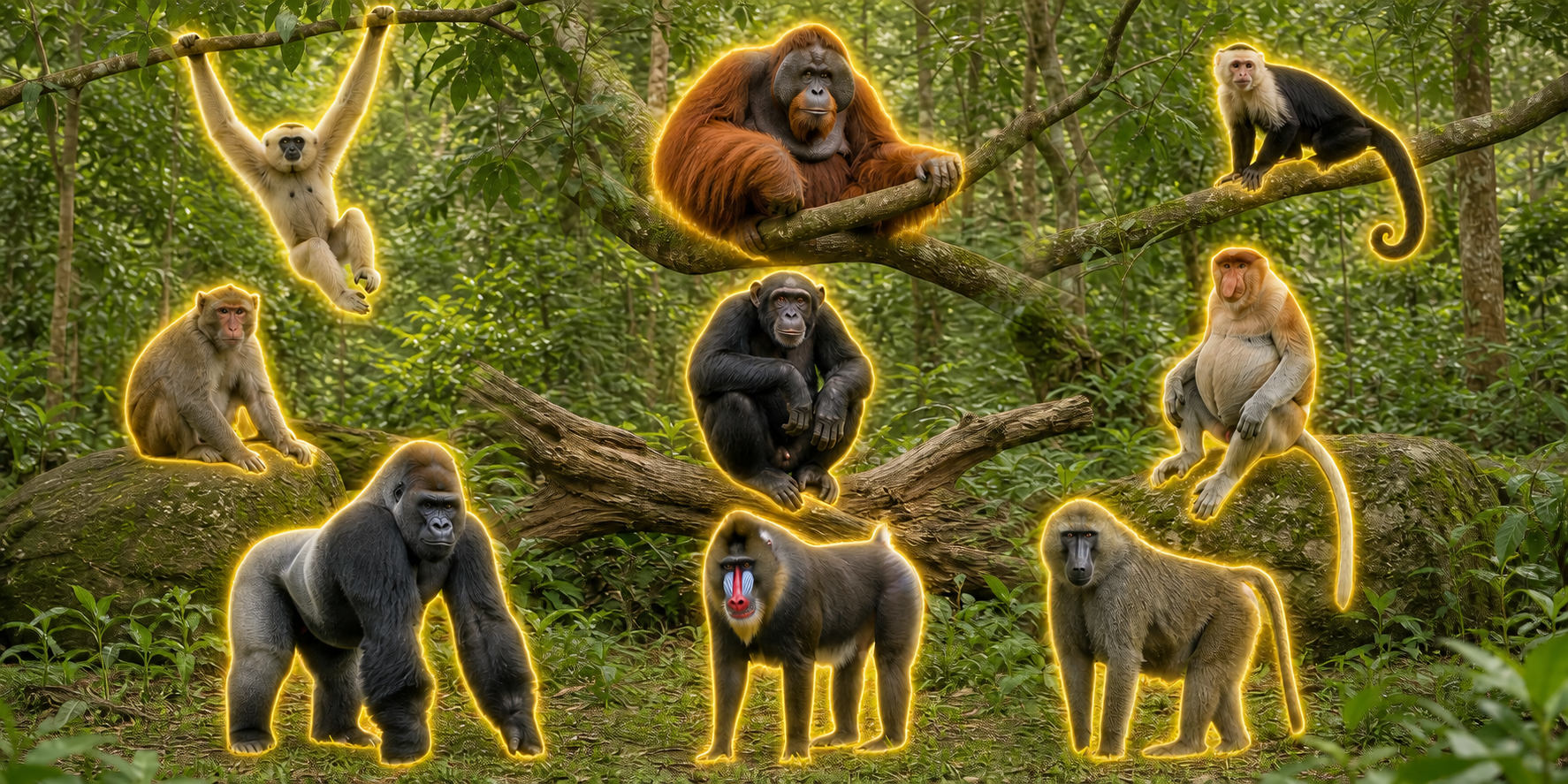 Nine primates outlined with a soft yellow glow in an imagined tropical sanctuary: gibbon, orangutan and capuchin on branches; macaque, chimpanzee and proboscis in the middle; gorilla, mandrill and baboon below.